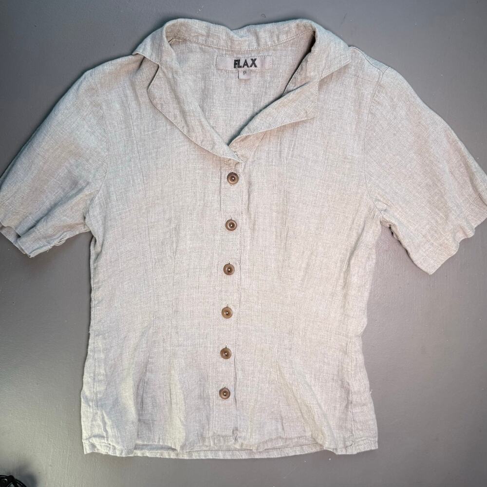 FLAX Jeanne Engelhart Petite 100% Linen Button Front Top Beige Natural Size P